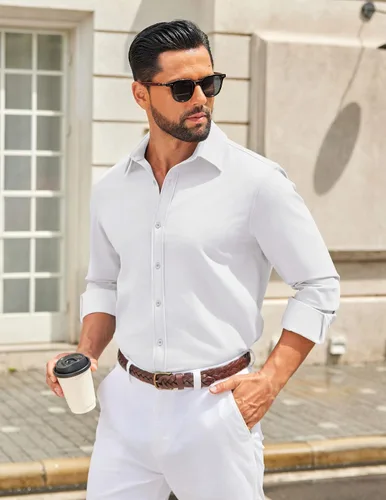 Vista 53 de COOFANDY Camisa de vestir casual de mezclilla con botones y manga larga para hombre