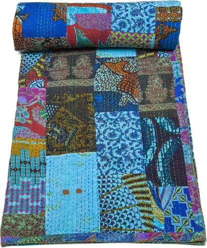 Vista 21 de Marubhumi Colchas hechas a mano tradicional de algodón puro con estampado de cachemira Kantha, funda de cama reversible con estampado de cachemira