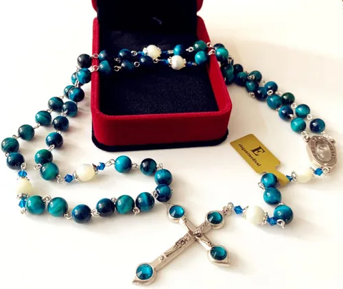 Vista 9 de elegantmedical HECHO A MANO CUENTAS DE OJO DE TIGRE CATÓLICO ROSARIO CRUCIFIJO COLLAR Lourdes Medalla de agua