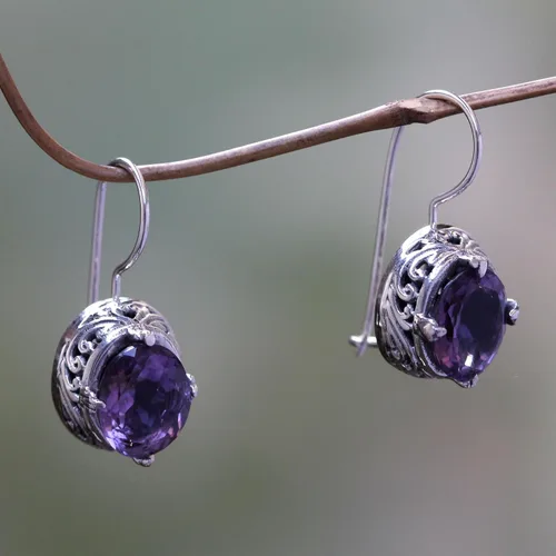 Vista 2 de NOVICA Pendientes de gota de amatista hechos a mano artesanales de plata de ley 925 con piedra natal de Indonesia púrpura 'Angelic Aura', Plata, No