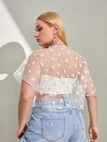 Vista 2 de Floerns Blusa de malla transparente de manga corta para mujer, talla grande