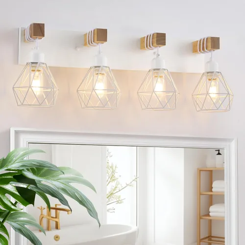 Vista 9 de Lámparas blancas para tocador de baño, luminarias de baño de madera de 2 luces sobre el espejo, apliques rústicos de pared con elegante pantalla