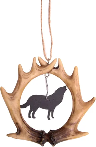 Vista 2 de Adorno de lobo de cuerno, decoración rústica de vacaciones, 3.75 pulgadas