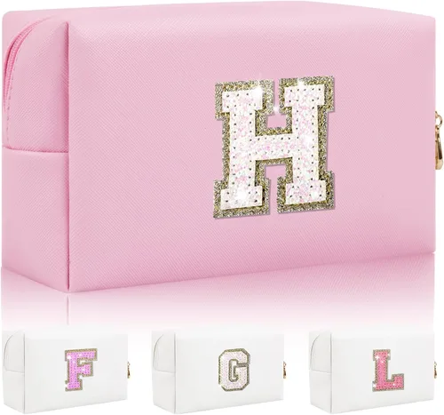 Vista 16 de Bolsa de maquillaje con parche de letra inicial personalizada, bolsa de cosméticos de chenilla preppy con letra de chenilla con cremallera, Y