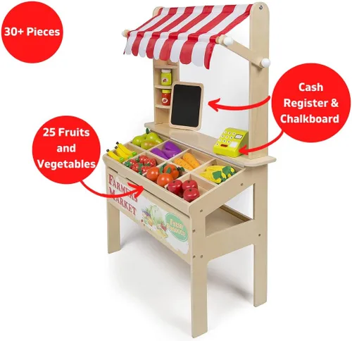 Vista 8 de Juguete de Puesto de Mercado de Agricultores de Madera - Más de 30 Piezas de Comida Incluyen Frutas, Verduras, Pizarra y Caja Registradora - Juego