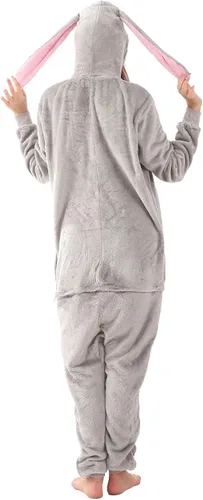 Vista 7 de LOBUJOU Pijama de una pieza para adultos, disfraz de dibujos animados de animales para mujeres y hombres, cosplay, Halloween, conejo gris