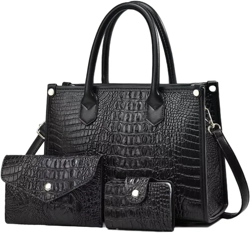 Vista 10 de Bolso y monedero para mujer, 3 piezas, con patrón de cocodrilo, cartera de embrague, tarjetero Gris