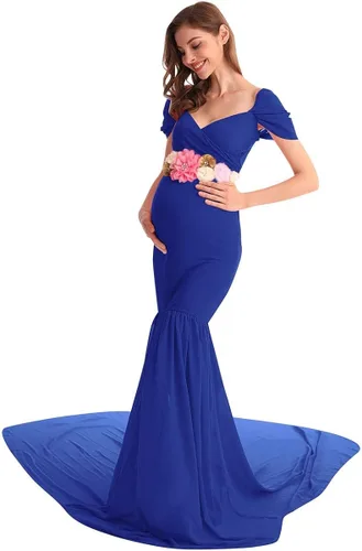 Vista 5 de AYMENII Vestido de maternidad de gasa con hombros descubiertos y tren largo, vestido de fotografía para boda, fiesta, fotos, vestido de baby shower