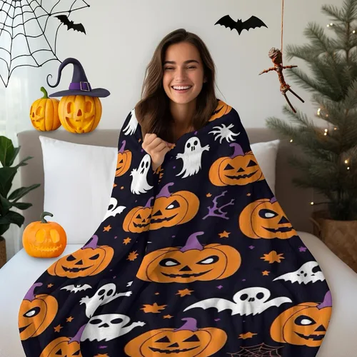 Vista 3 de D-Story Manta de vellón de Halloween, manta de calabaza de otoño para sofá, cama, habitación, regalos de Acción de Gracias para niños y adultos, 50