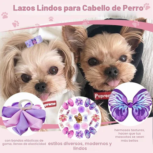 Vista 3 de 22 lazos para el pelo de perro con bandas elásticas de goma, accesorios para el pelo de cachorros pequeños con perlas de flores de mariposa, lazo