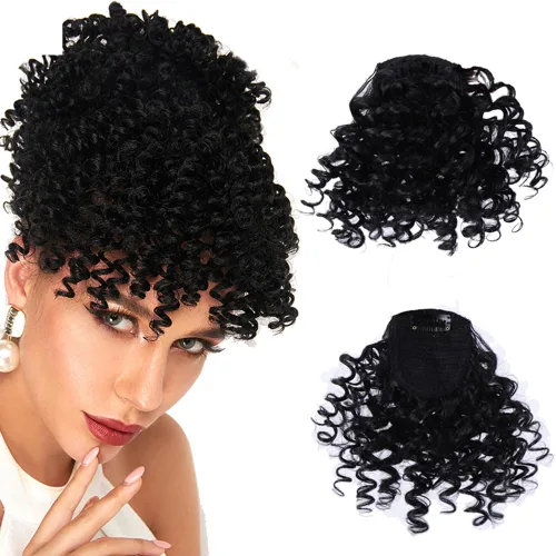 Vista 5 de Extensión de cola de caballo con cordón corto negro Afro Puff Kinky Curly Bangs Clip corto para mujeres peluca pieza
