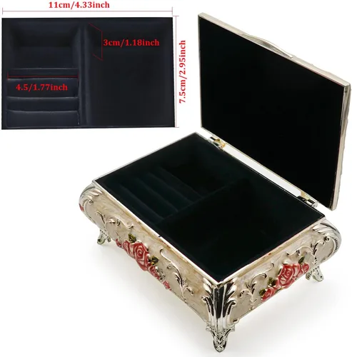 Vista 5 de Joyero de aleación de metal con diseño de rosas de pavo real vintage, de lujo, caja de almacenamiento, anillo y baratija para mujeres y niñas, rosa
