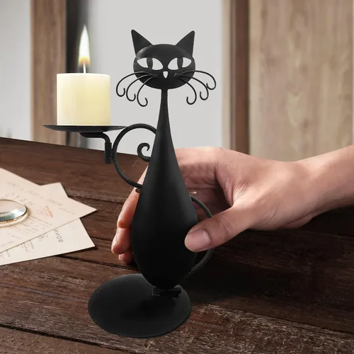Vista 6 de Portavelas de gato negro para velas de pilar sin llama, velas LED retro rústicas estilo granja para el hogar, decoración de gato de metal