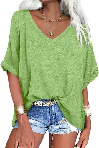 Vista 27 de UNCLECAT Camisetas de gran tamaño con cuello en V para mujer, camisas de manga corta de verano, holgadas, casuales