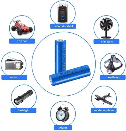 Vista 5 de Paquete de 2 baterías Ni-MH recargables de 3200 mAh, baterías NiMH con botón superior, batería de alta capacidad para linterna LED, faro, cámara