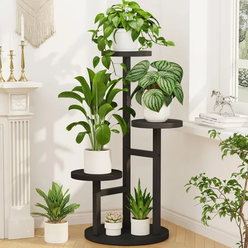 Vista 25 de LASZOLA Soporte Negro de Madera de 5 Niveles para Plantas de Interior para Macetas Más Grandes de Servicio Pesado, Estantes Verticales Resistentes
