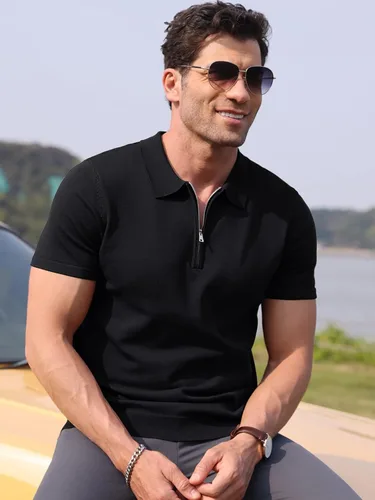 Vista 3 de RQP Camisas polo con cremallera para hombre, camisas casuales de punto de manga corta/larga, camisas de golf elásticas ajustadas, suéter suave