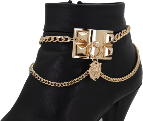 Vista 9 de Pulsera para botas occidentales de metal dorado para mujer, cadena para el tobillo, con forma de león y ondas laterales, Metal, Sin gemas.