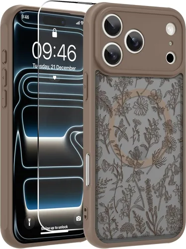 Vista 21 de OOK Funda magnética para iPhone 13 Pro Max [compatible con MagSafe] Funda delgada translúcida mate con flor silvestre negra, protección para lente