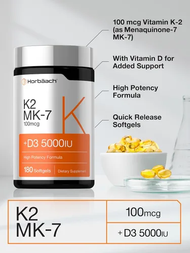 Vista 4 de Horbäach Vitamina D3 K2 5000 UI Complejo de 100 mcg MK-7 180 Cápsulas Blandas Suplemento sin OMG y sin gluten