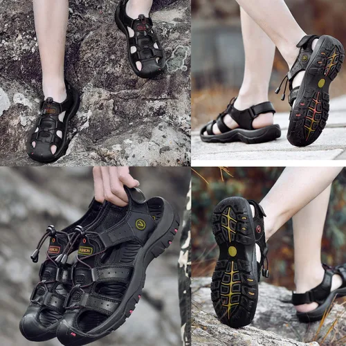 Vista 8 de FLARUT - Sandalias deportivas para hombre, sandalias para senderismo y exteriores, diseño informal de cuero con punta cerrada, sandalias atléticas