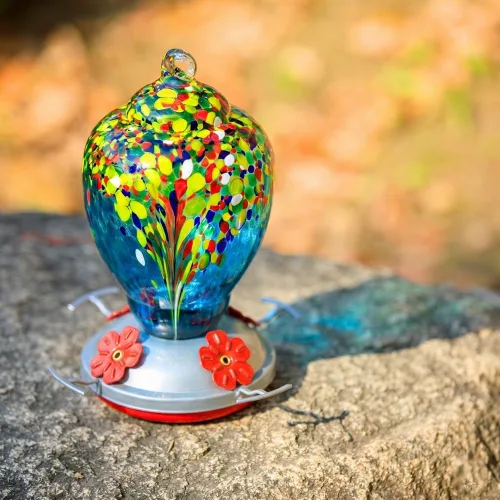 Vista 5 de WOSIBO Comedero para colibríes para exteriores, patio, grande, 32 onzas, comedero para colibríes de vidrio soplado a mano colorido con foso