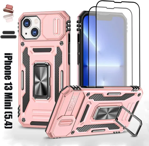 Vista 9 de Funda resistente para Apple iPhone 13 Mini, protección híbrida de goma de doble capa de grado militar con protector de cámara deslizante, soporte