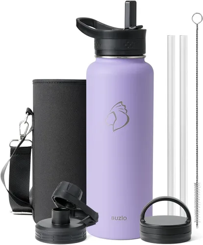 Vista 19 de BUZIO Botella de agua de 32 onzas aislada con popote y 3 tapas y bolsa de transporte, a prueba de fugas, frasco jarra de agua de acero inoxidable