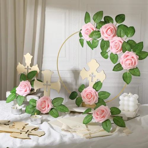 Vista 4 de LEIFIDE 40 piezas de decoración de primera comunión para bautismo, centros de mesa, decoración de la primera comunión con 8 anillos de aro florales