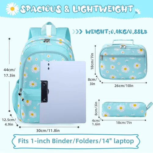 Vista 2 de Backpack for Girls, Kids Backpack Set with Lunch Box & Pencil Bag Margarita azul