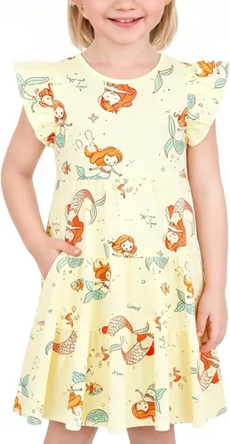 Vista 14 de Vestido casual para niñas, de algodón suave, manga corta, transpirable, acampanado, para adolescentes, talla 2T, 3T, 4T, 5, 6, 7, 8, 9, 10, 12, 13