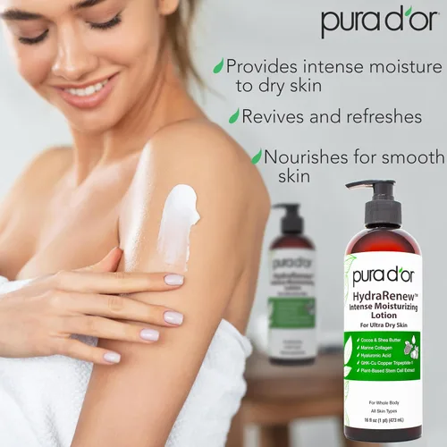 Vista 2 de PURA D'OR HydraRenew Loción hidratante intensa de 16 onzas para piel ultra seca, crema de manos y cuerpo, mantecas de cacao y karité, ácido
