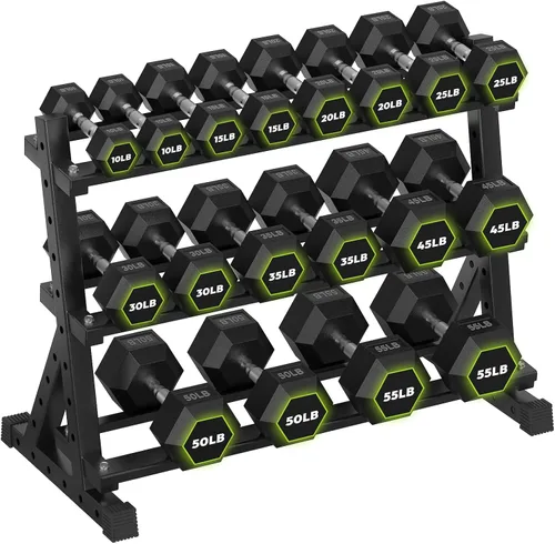 Vista 17 de HANDBODE Dumbbell Set with Rack, Rubber Coated Fixed Dumbbells 360-790 lbs Heavy Duty Hexagonal Weights, Non-Roll Hexagon Shape for Stability
