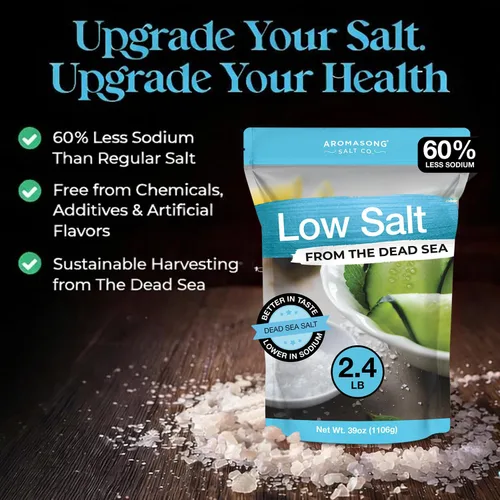 Vista 3 de Aromasong Sal marina baja en sodio 100% natural de grano fino cloruro de potasio del mar muerto con sal del mar muerto, 39 oz (1106 g)