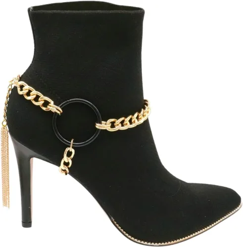 Vista 2 de Pulsera de botas de moda para mujer, cadena de metal, zapato de motociclista, negro, círculo, borla dorada, Metal