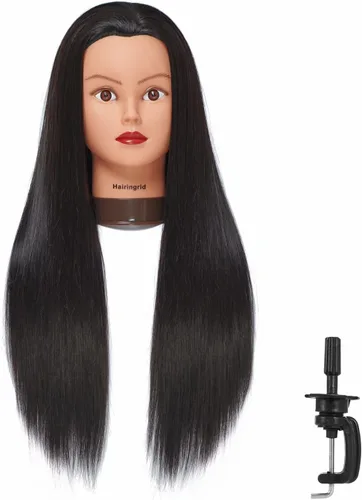 Vista 14 de Hairingrid Cabeza de maniquí de 26 a 28 pulgadas, para entrenamiento de peinado, cosmetología, cabeza de muñeca, pelo de fibra sintética y soporte