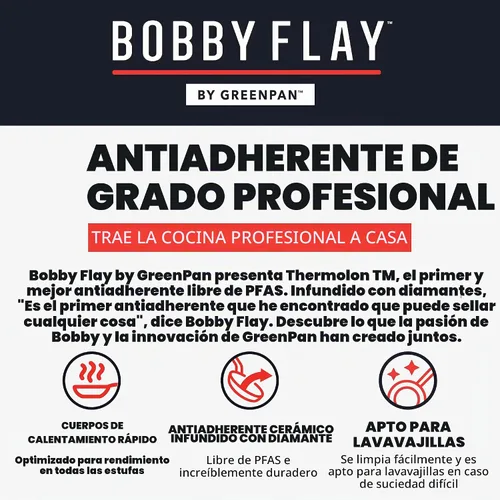Vista 10 de GreenPan x Bobby Flay - Sartén antiadherente de 8", cerámica de diamante libre de PFAS, apta para inducción, mango de silicona que permanece frío