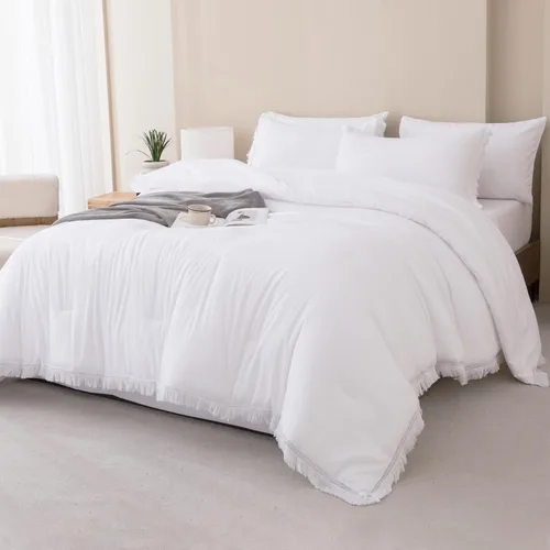 Vista 39 de Andency Juego de ropa de cama con edredón tamaño matrimonial beige con sábanas - 7 piezas, estilo bohemio con borlas, ropa de cama ligera en una 01