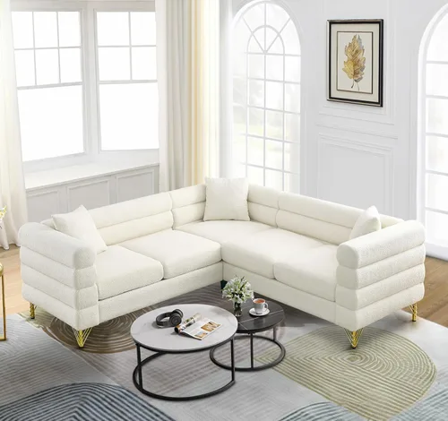 Vista 11 de Cómodo sofá de 3 plazas, sofá Boucle de gran tamaño de 81 pulgadas con diseño de asiento profundo, sofá tapizado con 2 almohadas, moderno sofá