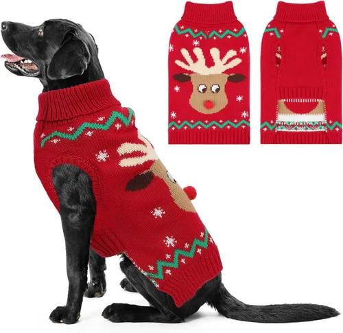 Vista 11 de Suéter navideño de cuello alto para perro, suéter de invierno de renos y copos de nieve con agujero para la correa, suéter de punto para cachorros