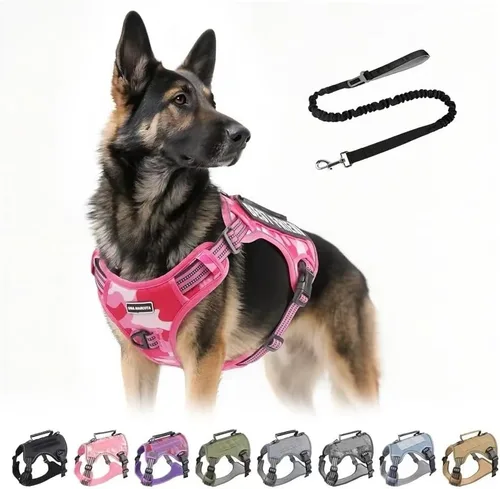 Vista 11 de Arnés táctico para perros grandes con correa, arnés ajustable sin tirones, chaleco de trabajo K9 reflectante para mascotas para caminar, Verde