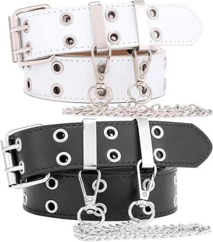Vista 5 de INOGIH Cinturón de cuero con doble ojal con cadena para mujer, vestidos de jeans Negro (con cadena)