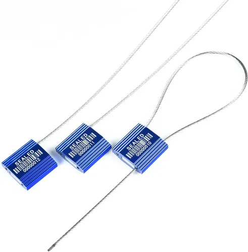 Vista 2 de 50 sellos de cable de alta seguridad azules con código de barras - Etiquetas autoblocantes numeradas de acero antimanipulación para envío