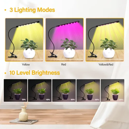 Vista 3 de iPower - Lámpara LED de crecimiento con espectro completo para plantas de interior, cuello de cisne ajustable, 2/3 modos de luz y 5/10 niveles