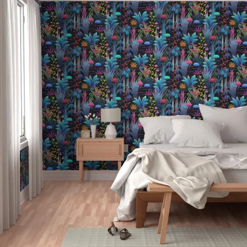 Vista 5 de Muestro de papel tapiz extraíble - Bioluminiscente Selva Floral Árboles Fantástico Helecho Papel pintado personalizado pre-pegado por Spoonflower