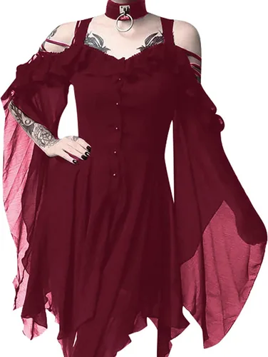Vista 2 de FRMUIC Disfraz medieval para mujer, talla grande, manga mariposa, vestido largo de Halloween, vintage, vampiro, bruja, cosplay, vestido gótico