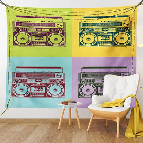 Vista 9 de Lunarable Tapiz de los años 90, historia inspirada en el arte pop, ilustración temática de baile de celebración, decoración de tela para colgar