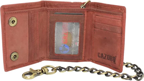 Vista 24 de Billetera para hombre con bloqueo RFID, de cuero vintage, estilo motorista, de triple pliegue, con cierre de presión y cadena de bicicleta 51S Marrón