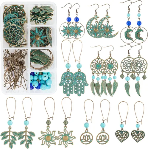 Vista 10 de SUNNYCLUE 1 caja de 9 pares de aretes colgantes de metal huecos bohemios vintage para hacer joyas, kit de iniciación de aleación verde, hoja