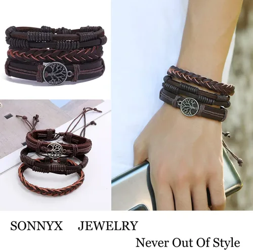 Vista 3 de SONNYX 24 pulseras de cuero trenzado para hombres y mujeres, pulseras tejidas de cáñamo, cuentas de madera, étnicas tribales hechas a mano, pulseras